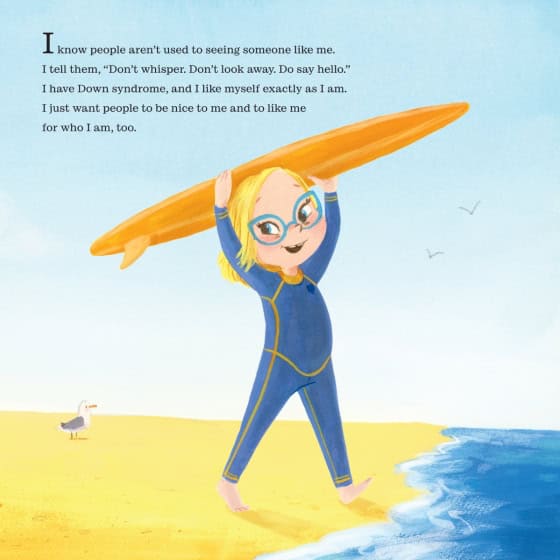 An inside page from "I Am a Masterpiece!" showing Mia going surfing with text that asks people to be nice to her and like her for who she is.