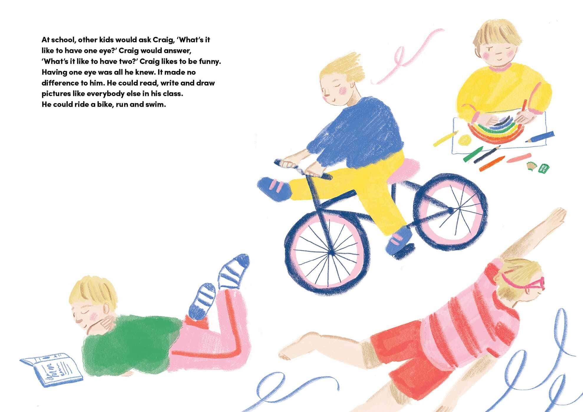 An inside page of "Craig shanahan: Cooking up a storm", with illustrations of a child doing activities