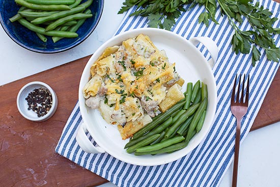 cheesy chicken pasta bake above 1